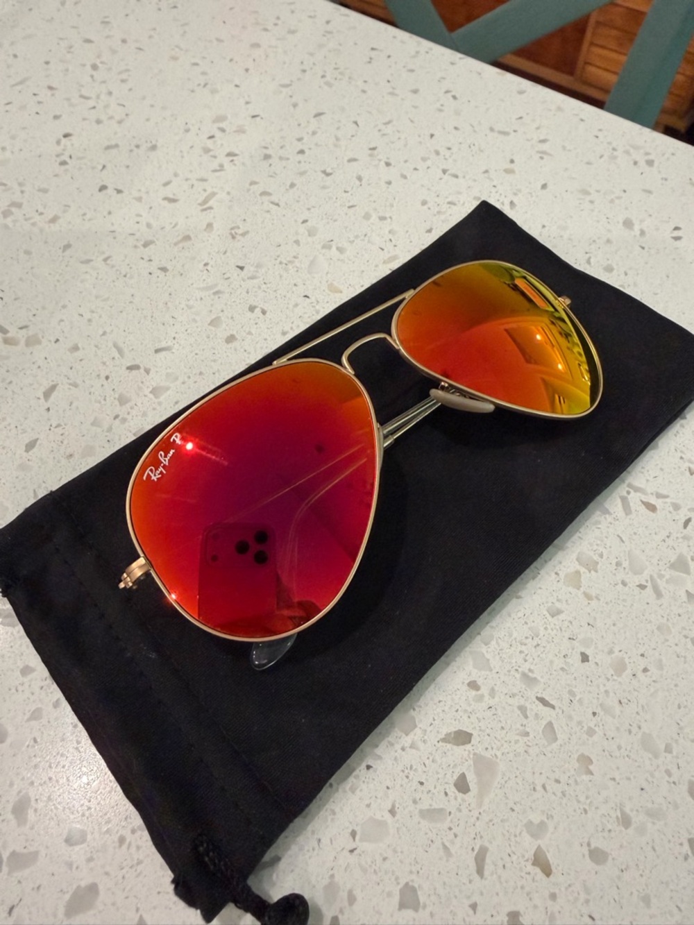 Ray-Ban Gold Aviator Sunglasses Polarized with Red and Orange Mirrored Lenses